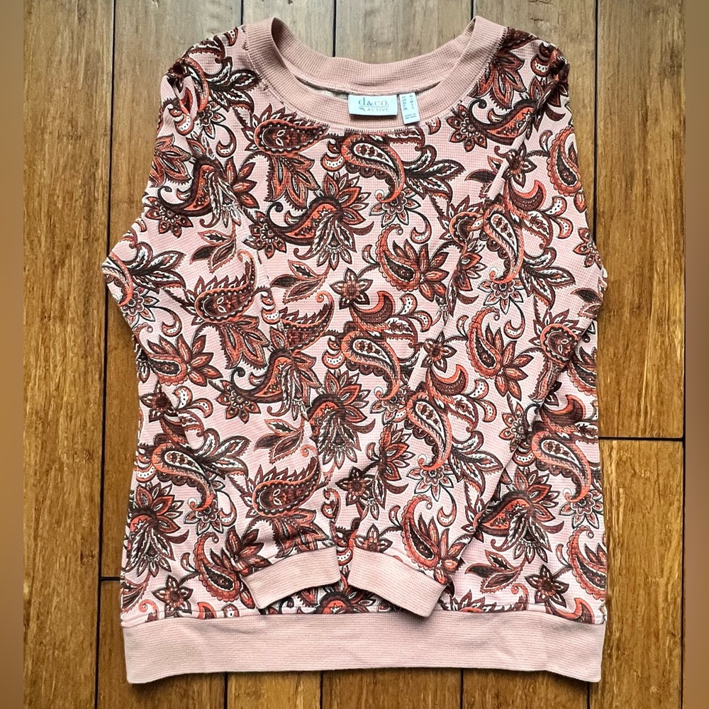 Denim&Co Pink (Top Rose) Paisley Crew Neck Sweater Size M